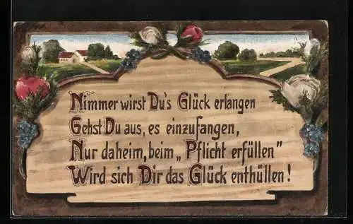 Holzbrand-Imitations-AK Nimmer wirst Du`s Glück erlangen..., Landschaft mit Häusern