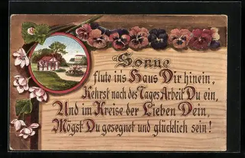 Holzbrand-Imitations-AK Sonne flute in`s Haus Dir hinein..., Landschaft mit Häusern, Stiefmütterchen
