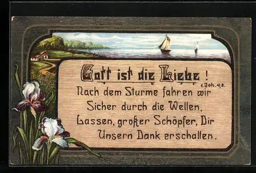 Holzbrand-Imitations-AK Gott ist die Liebe!, Uferlandschaft mit Segelbooten, Geburtstagsgruss