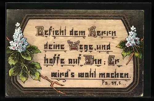 Holzbrand-Imitations-AK Befiehl dem Herrn deine Wege..., Blütenzweige, Geburtstagsgruss