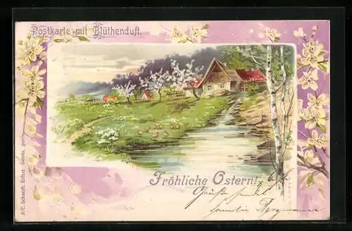 Duft-AK Sommerliche Landschaft mit Wassermühle, Ostergruss