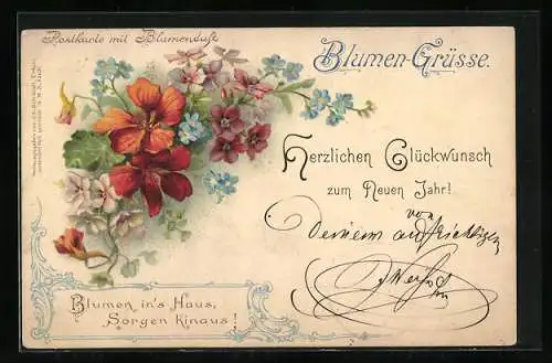 Duft-AK Blumen-Grüsse, Blumen ins`s Haus, Sorgen hinaus!, Neujahrsgruss