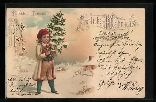 Duft-AK Kleiner Junge mit Tannenbaum im Schnee, Weihnachtsgruss