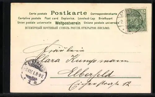 AK Postkarte mit Rosenduft, rosa Rosen, Glaskrug, Obst