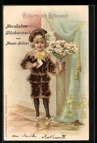 Duft-AK Kleiner Junge mit Blumentopf und Kuvert, Neujahrsgruss