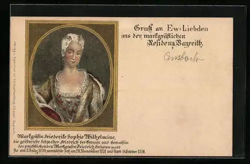 AK Markgräfin Friederike Sophie Wilhelmine, Schwester Friedrichs des Grossen