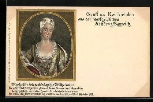 Lithographie Bayreuth, Portrait Markgräfin Friederike Sophie Wilhelmine, Gemälde