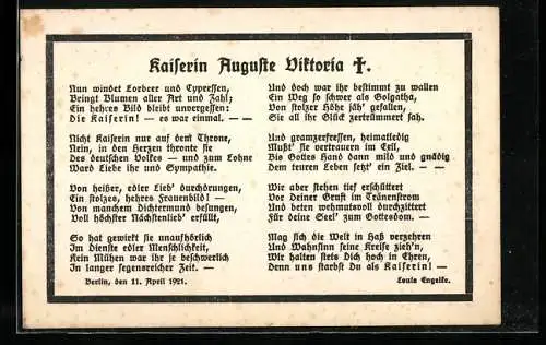 AK Taueranzeige von Kaiserin Auguste Victoria Königin von Preussen, Nun windet Lorbeer und Cypressen..., Louis Engelke