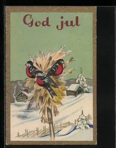 Mini-AK God Jul, Vögel auf einem Pfahl mit Futter