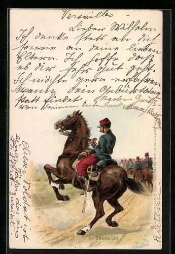 Lithographie Au Dressage, Französischer Kavallerist auf scheuendem Pferd