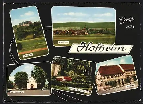 AK Hofheim / Unterfranken, Apotheke, Kapellentor, Bettenburg, Partie an der Stadtmauer, Gesamtansicht