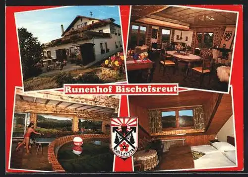 AK Bischofsreut-Schnellnzipf /Böhmerwald, Gasthaus Runenhof v. Fam. Lausecker, mit Innenansichten