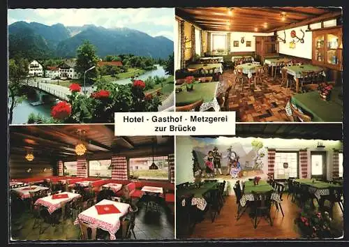 AK Eschenlohe b. Garmisch, Hotel-Gasthof-Metzgerei Zur Brücke, mit Innenansichten, Inh. Familie Reiter