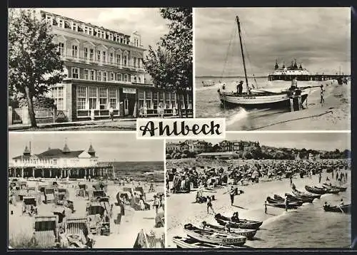 AK Ahlbeck / Seebad, Das Ostsee-Hotel, Fischkutter Hertha, Strandszenen