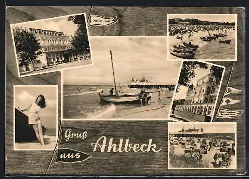 AK Ahlbeck / Seebad, Ostsee-Hotel, Fischkutter Hertha, FDGB-Ferienheim Bernhard Göring, Strandszenen