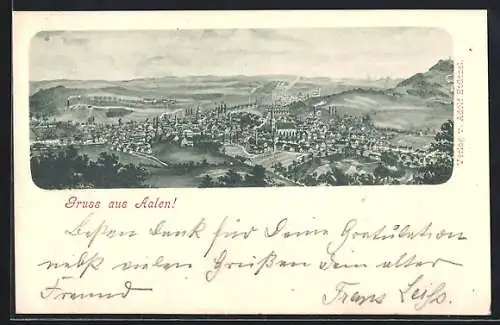 Lithographie Aalen, Ortsansicht aus der Vogelschau