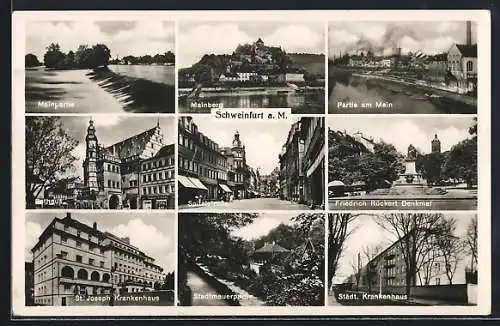 AK Schweinfurt am Main, Blick zum Mainberg, das Rathaus, St. Josephs Krankenhaus, Sädt. Krankenhaus, Rückert Denkmal