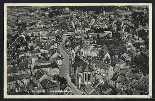 AK Hof i. B., Blick zur Kirche, Fliegeraufnahme