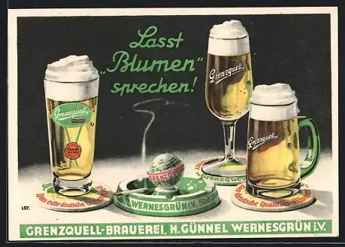 AK Brauerei-Werbung, Genzquell-Brauerei, Bierkrüge auf dem Tisch