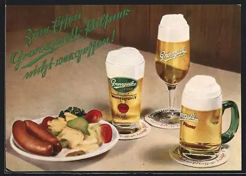 AK Wernesgrün i. V., Biergläser der Grenzquell-Brauerei H. Günnel und Teller mit Bockwurst und Kartoffelsalat