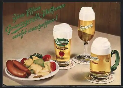 AK Wernesgrün i. V., Biergläser der Grenzquell-Brauerei H. Günnel und Teller mit Bockwurst und Kartoffelsalat