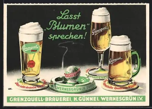 AK Brauerei-Werbung für die Grenzquell-Brauerei, Drei Bier & ein Aschenbecher