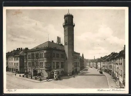 AK Hof, Rathaus mit Klosterstrasse, Litfasssäule