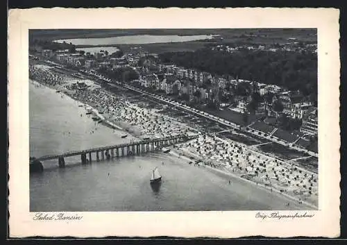 AK Bansin, Strandpartie mit Brücke, Fliegeraufnahme