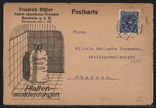 Künstler-AK Bensheim a. d. B., Friedrich Rössler, Fabrik säurefester Produkte, Sack säurefeste Kitte
