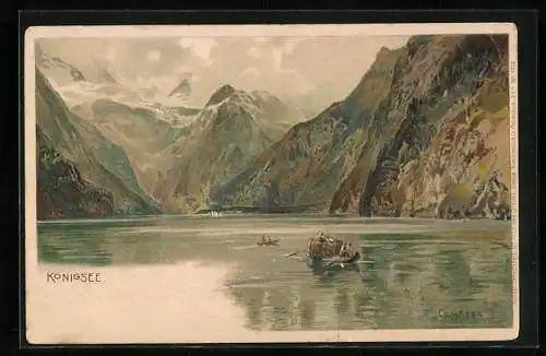 Künstler-Lithographie Edward Theodore Compton: Königssee, Bootspartie