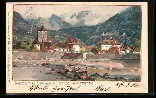 Künstler-AK Zeno Diemer: Bozen, Partie an der Talfer, Schloss Maretsch