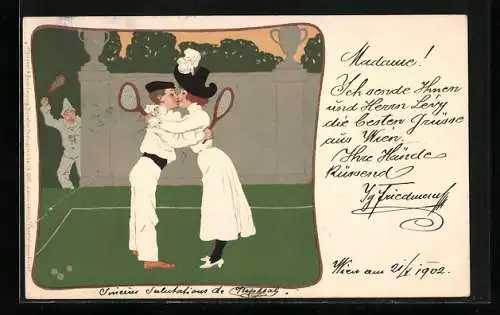 Künstler-Lithographie Brynolf Wennerberg: Lawn-tennis, Liebespaar und Pierrot, Harlekin