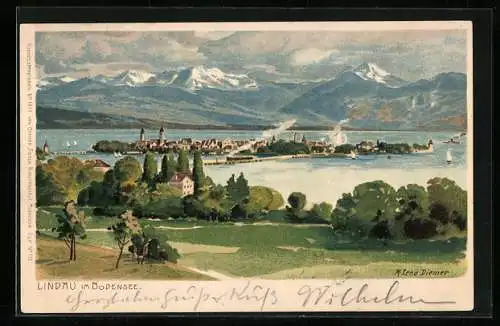 Künstler-AK Zeno Diemer: Lindau / Bodensee, Panoramablick auf Insel und Alpen