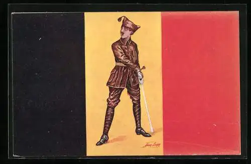 Künstler-AK Xavier Sager: Les Drapeaux alliés, Belgische Fahne, Belgischer Soldat in Uniform