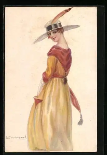 Künstler-AK Sergio Bompard: Dame in gelbem Mantel mit Kapuze