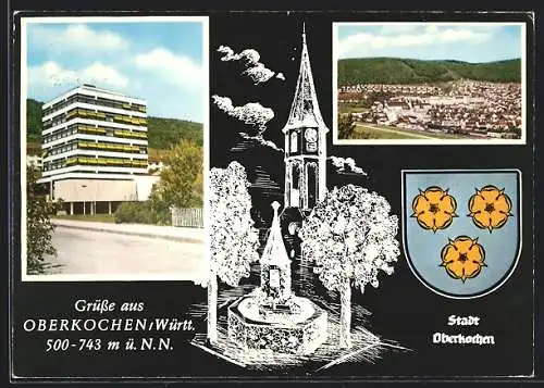 AK Oberkochen /Württ., Neues Rathaus, Kirche und Stadtwappen