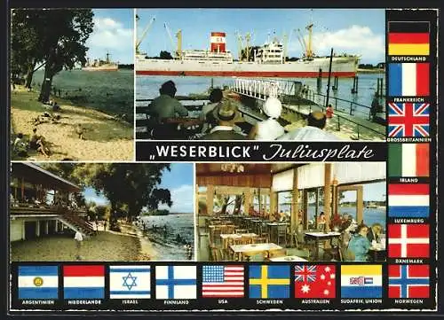 AK Juliusplate-Berne, Restaurant Weserblick mit Terrasse und Strand, Nationalflaggen
