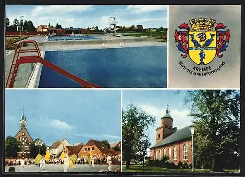 AK Krempe, Fest vor der Kirche, Freibad und Wappen