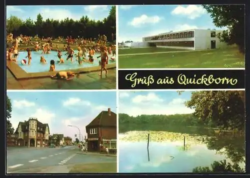 AK Quickborn /Holst., Kinder im Schwimmbad, Strassenpartie, Schulgebäude, örtlicher See