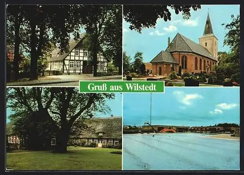 AK Wilstedt / Rothenburg, Fachwerkhaus, Blick nach der Kirche, Badespass im Freibad