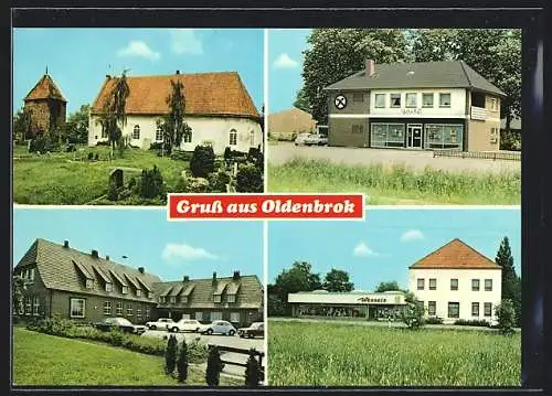 AK Oldenbrok, Blick nach der Kirche, Bank, Gemischtwaren Wessels