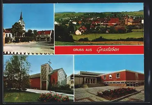 AK Grasleben, Panoramaansicht, Blick nach den Kirchen, Gebäudeansicht mit Blumenrabatten