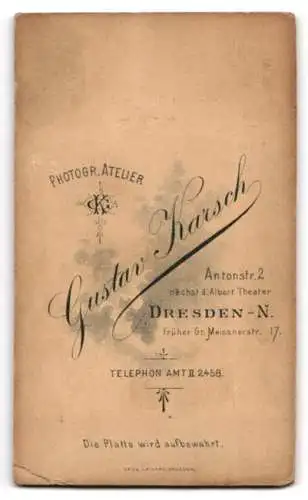 Fotografie Gustav Karsch, Dresden, Antonstr. 2, Frau in elegantem Kleid neben dekorativem Podest