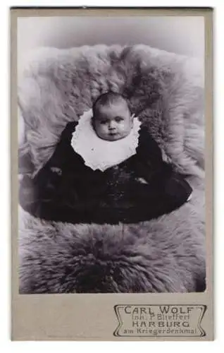 Fotografie Carl Wolf, Harburg, am Kriegerdenkmal, Porträt eines Babys auf einem Fell