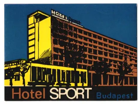 Kofferaufkleber Budapest, Das Hotel Sport in der Abenddämmerung