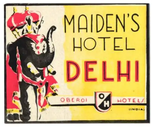 Kofferaufkleber Delhi, The Maiden`s Hotel, Oberoi Hotels, Elephant with rider in Indian garments