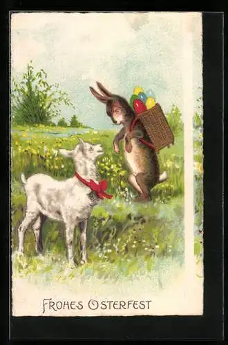 AK Osterhase mit Eierkorb und Lamm auf einer Wiese