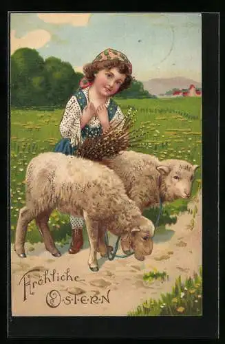 AK Fröhliche Ostern, Mädchen mit Schafen auf einer Wiese