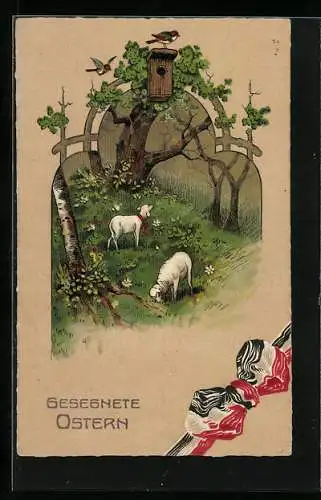 AK Gesegnte Ostern, Lämmer auf der Weide, Reichsfahne