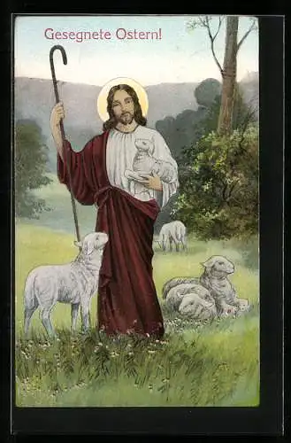 AK Gesegnete Ostern, Jesus mit Lamm auf dem Arm